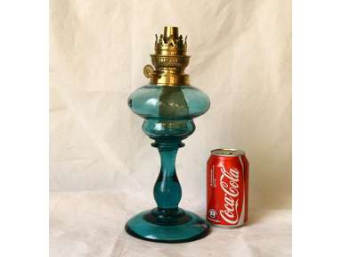 ANTIQUE GERMAN Kosmos Brenner BLUE GLASS KEROSENE OIL LAMP