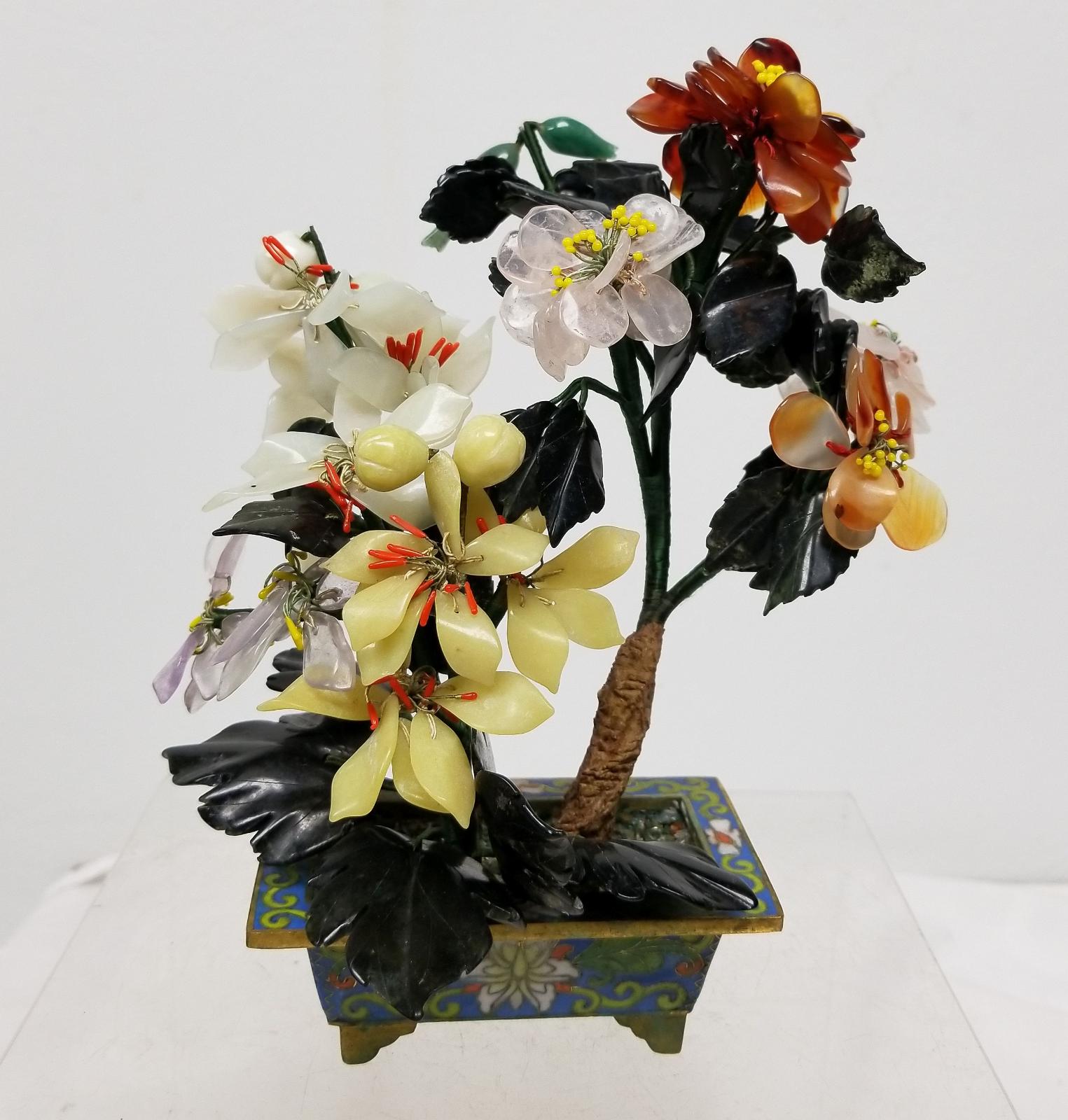 Antique Chinese Vintage Jade Tree Cloisonne Planter Carnelian Agate