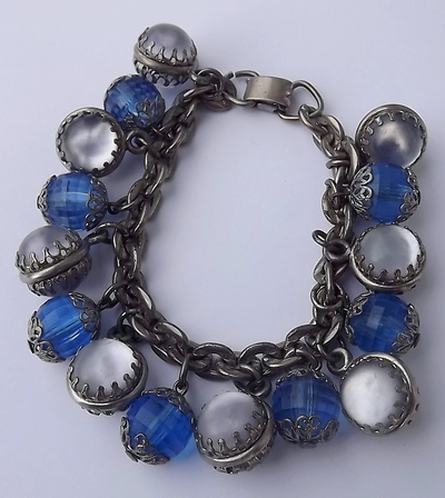 Rare 1950's Selro Charm Bracelet Satin Glow Glass Beads Baubles Lucite Too