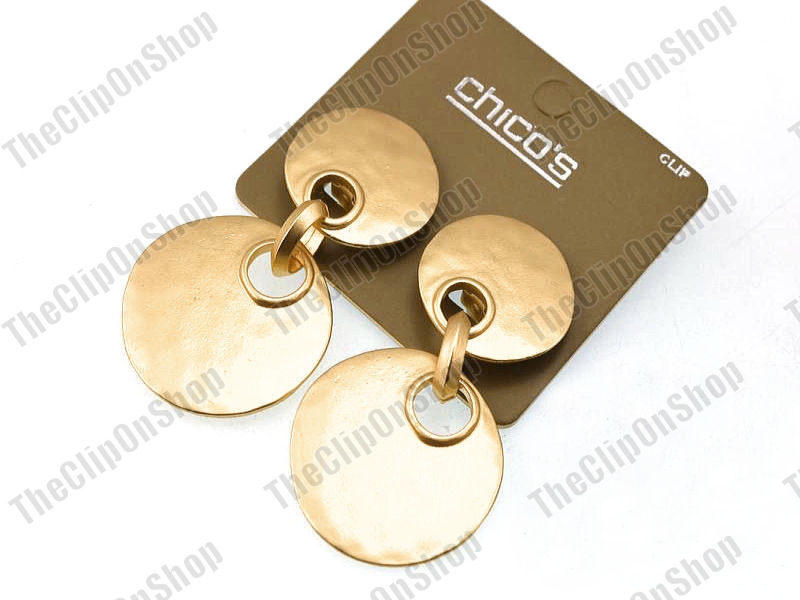 3/"long RETRO CLIP ON EARRINGS hammered discs MATT GOLD TONE big vintage style