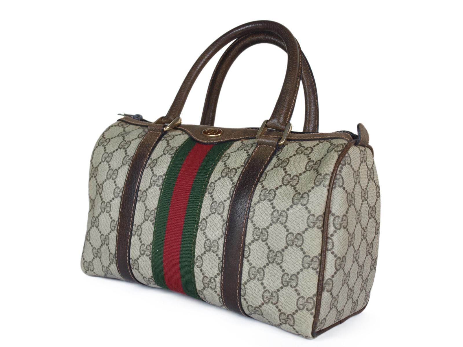 GUCCI Vintage Sherry Line GG Pattern PVC Canvas Leather Browns Hand Bag ...