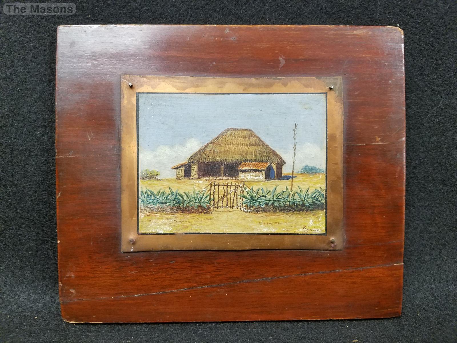 Antique Signed Miniature Oil Painting On Copper of Thatched Hut Mounted