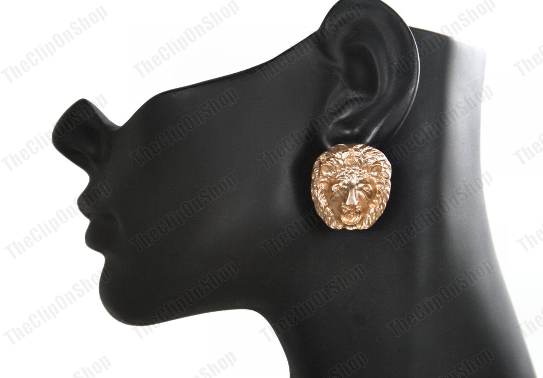 Chunky Clip-On Earrings - Roaring Lion Design, 2.8cm Gold Tone, Vintage Retro Style