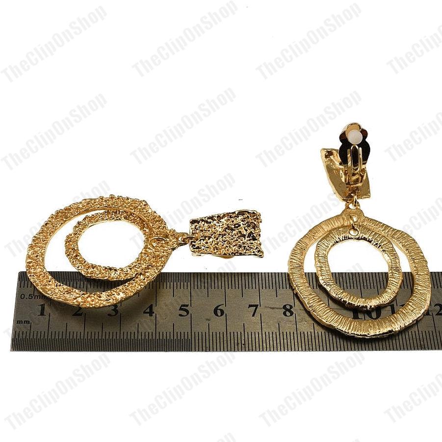 2.75" Clip-On Drop Earrings - Rock Textured Gold Tone Hoops, Vintage Tribal Style-524615