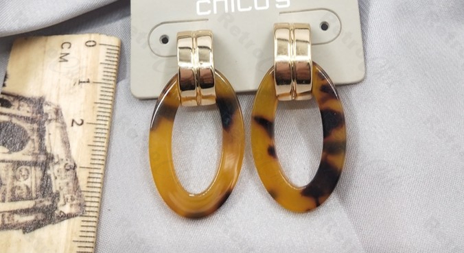 4cm GOLD PLATED curved studs RETRO OVAL HOOP tortoiseshell amber lucite EARRINGS