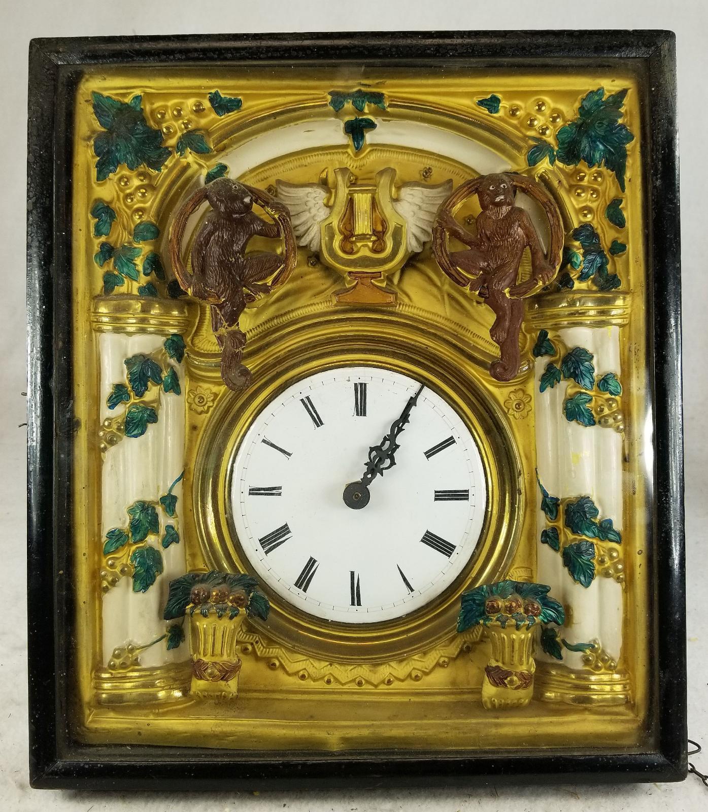 Antique Continental European Italian Wall Clock Decorative Tin Monkeys