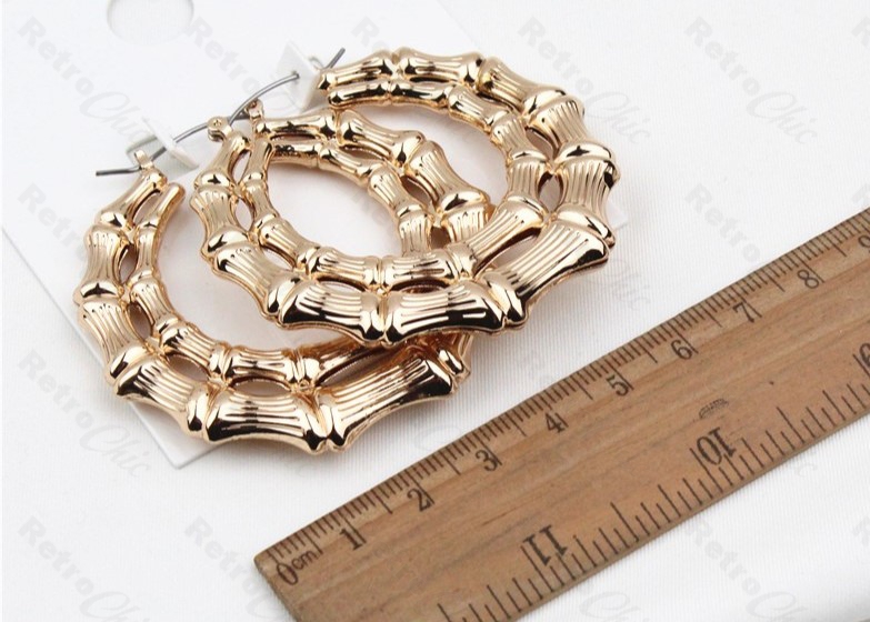 Big 6.5cm Bamboo Gold Hoop Earrings – Hip Hop Retro Style – Textured Round Hoops For Pierced Ears - View #5