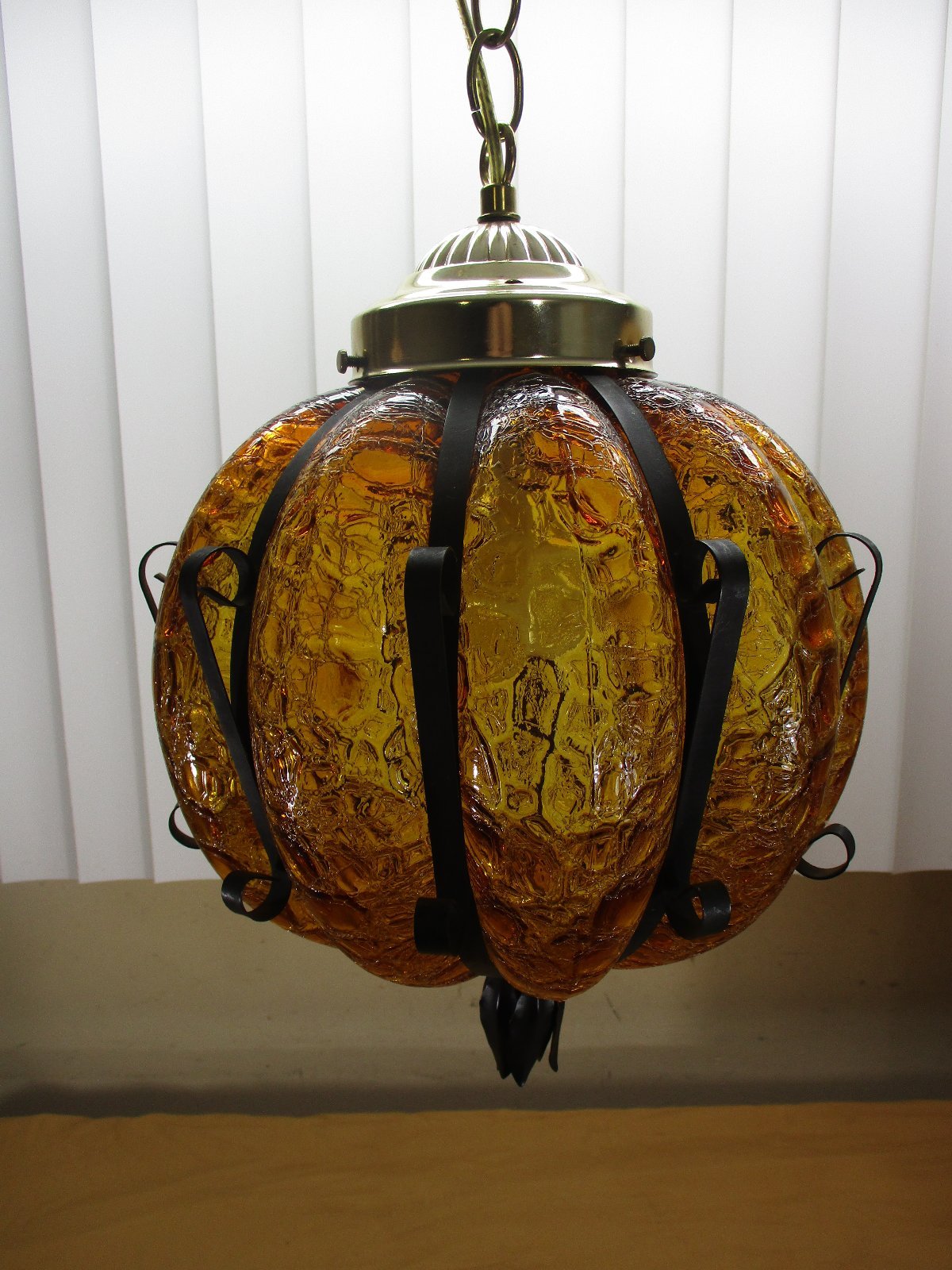 Vintage Mid Century Modern Hanging Amber Crackle Glass Globe Chain Swag