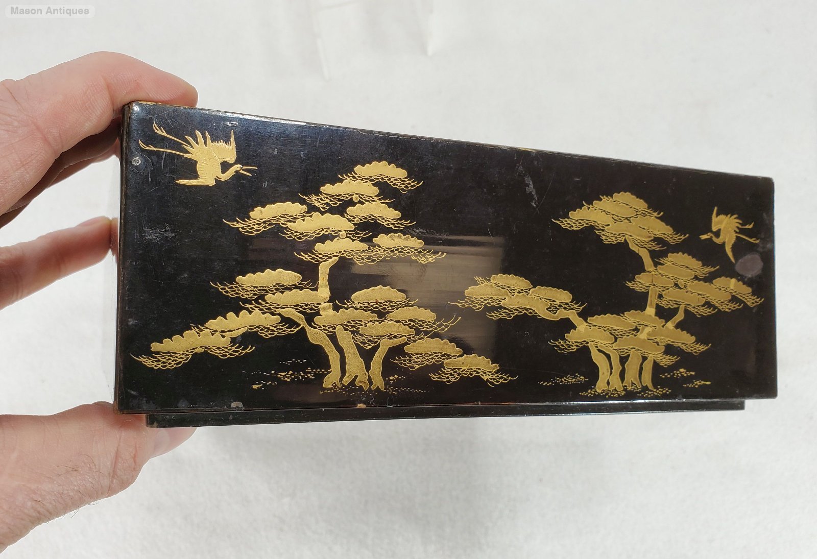 Vintage Antique Meiji Japanese Lacquer Box Hand Painted Gold