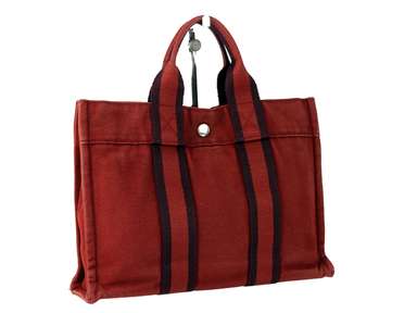 HERMES Paris Fourre Tout MM Red Coton Canvas Mini Tote Hand Bag Purse France