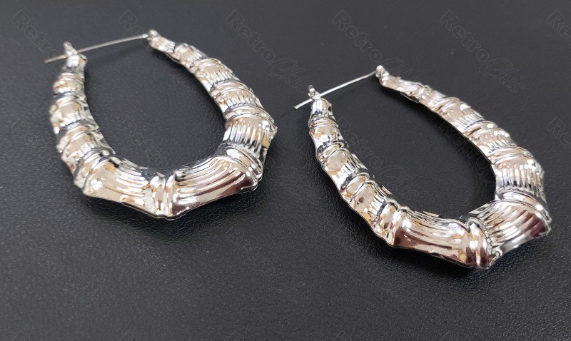 Vintage Silver 6cm Bamboo Hoop Earrings – Large Retro 80s Creole Ovals (Unbranded) - View #5