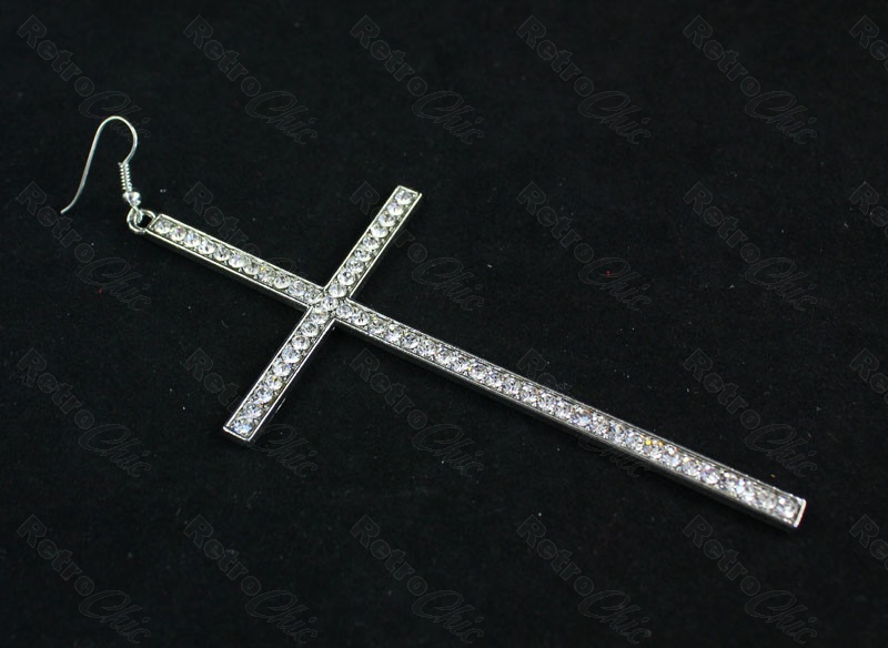 Big SPARKLY CRYSTAL CROSS Dangle 8cm Long Earrings SILVER - Foto 8