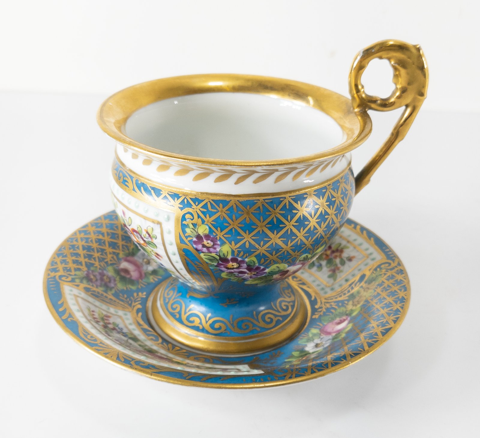 Antique French Sevres Type Teacup and Saucer Floral Gilt