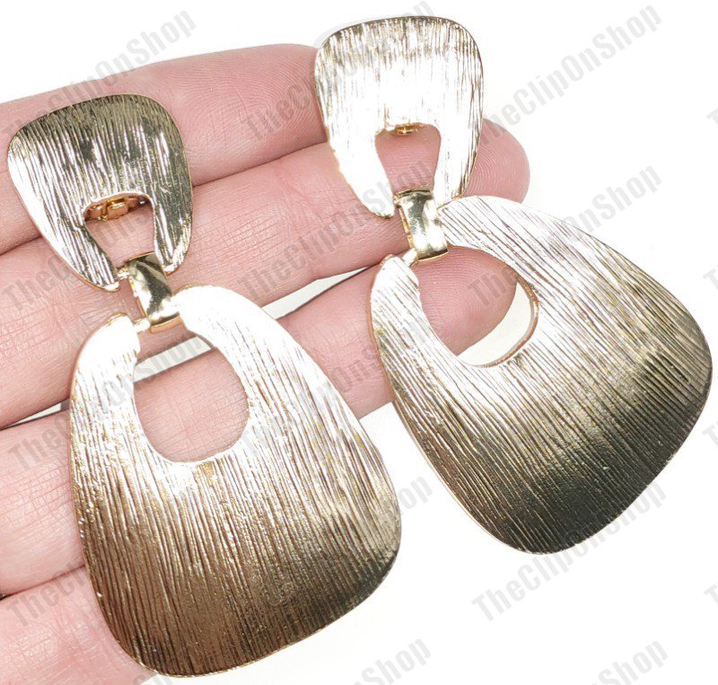 thumbnail interactive-video image 1 of Vintage Retro Textured Clip On Drop Earrings For Non-Pierced Ears - Silver Metal Square Hoops, Fashion Jewelry 1 of 3