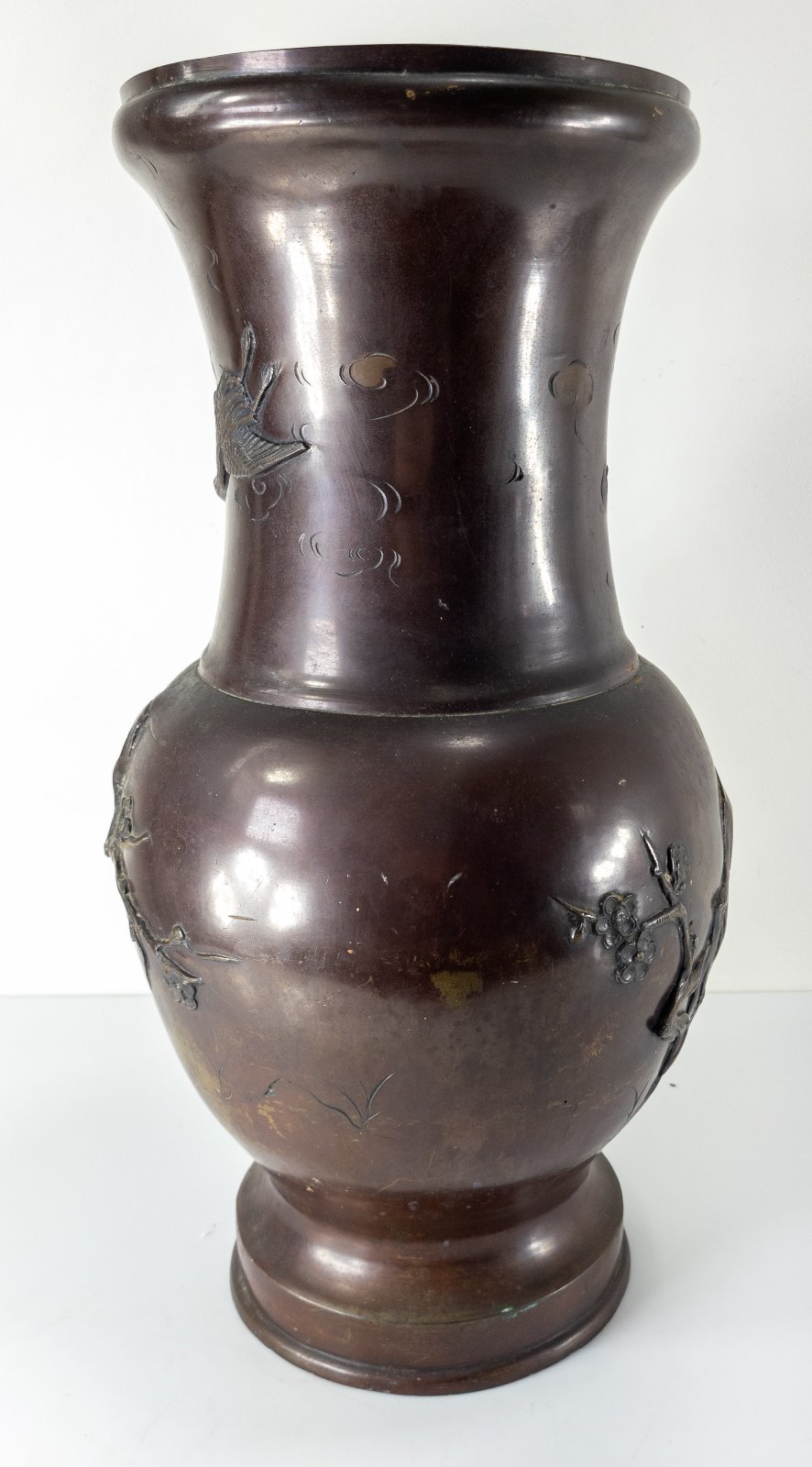 工芸品 Japanese Bronze Glazed Vase with Handles Antique Japanese Bronze Vase with Inlay Cranes, Signed