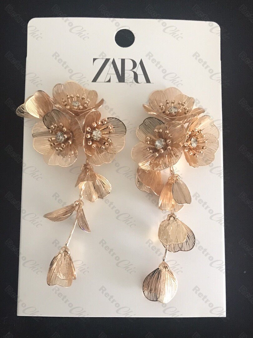Zara CASCADING FLOWER gold tone EARRINGS Statement Crystal