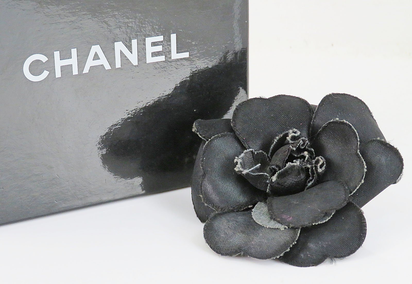 Authentic CHANEL Black Fabric Camellia Flower Design Brooch Pin