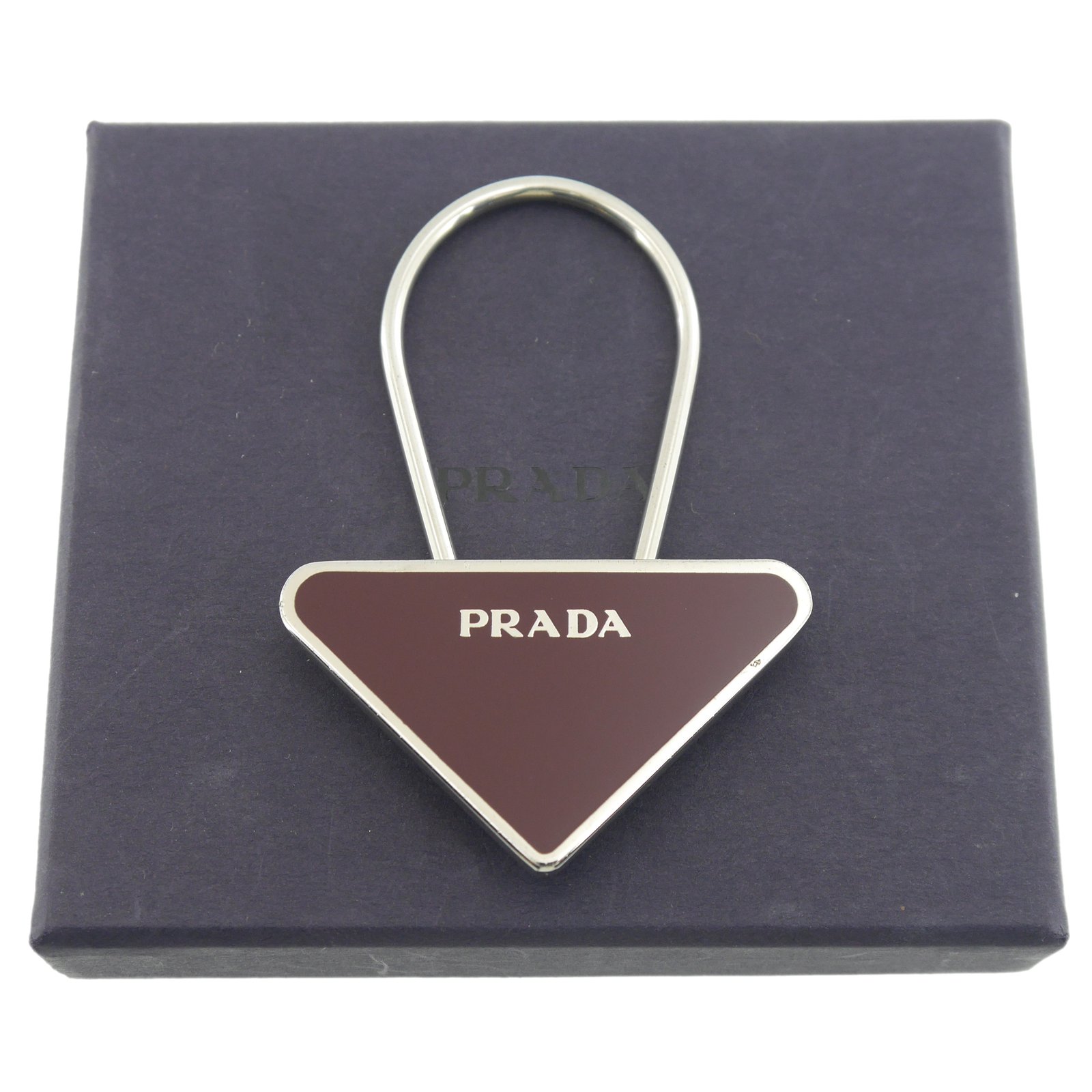 Authentic PRADA Triangle Logo Charm Key Ring Holder Silver Metallic #f10273