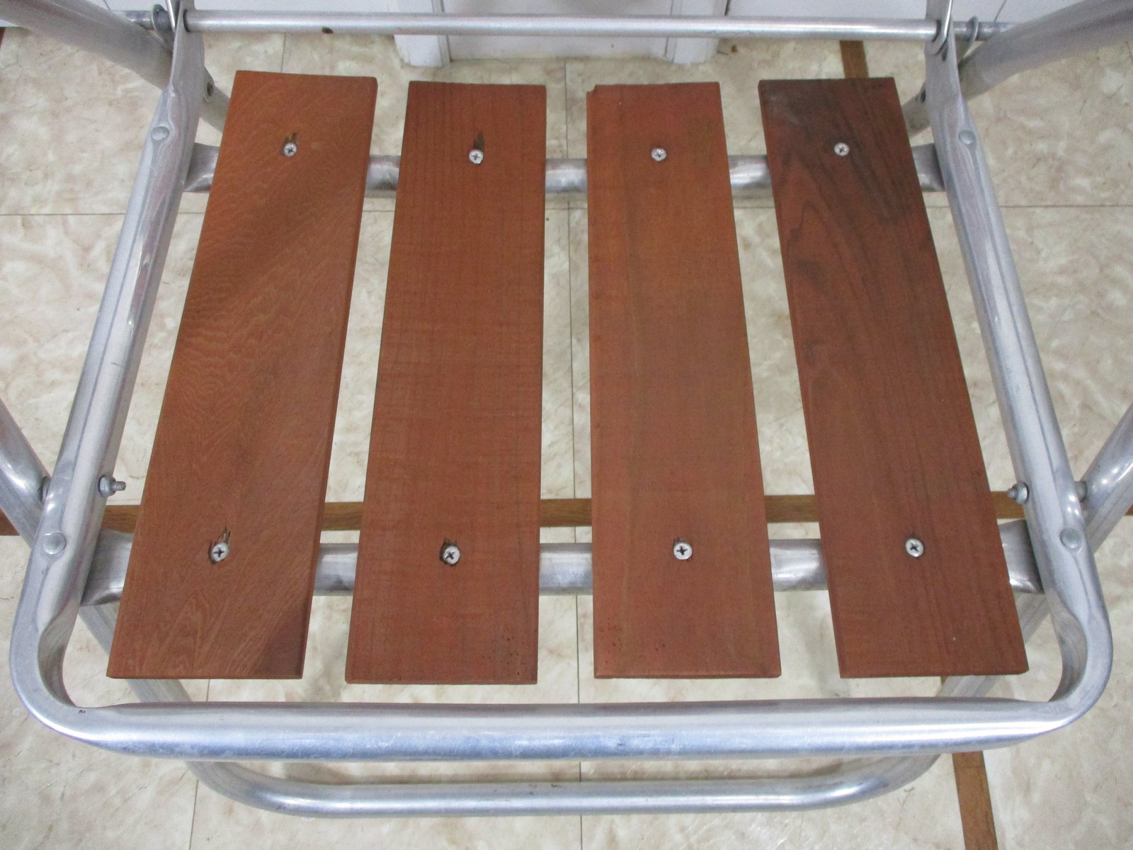 Vintage Aluminum Red Wood Slat Folding Lawn Chair with