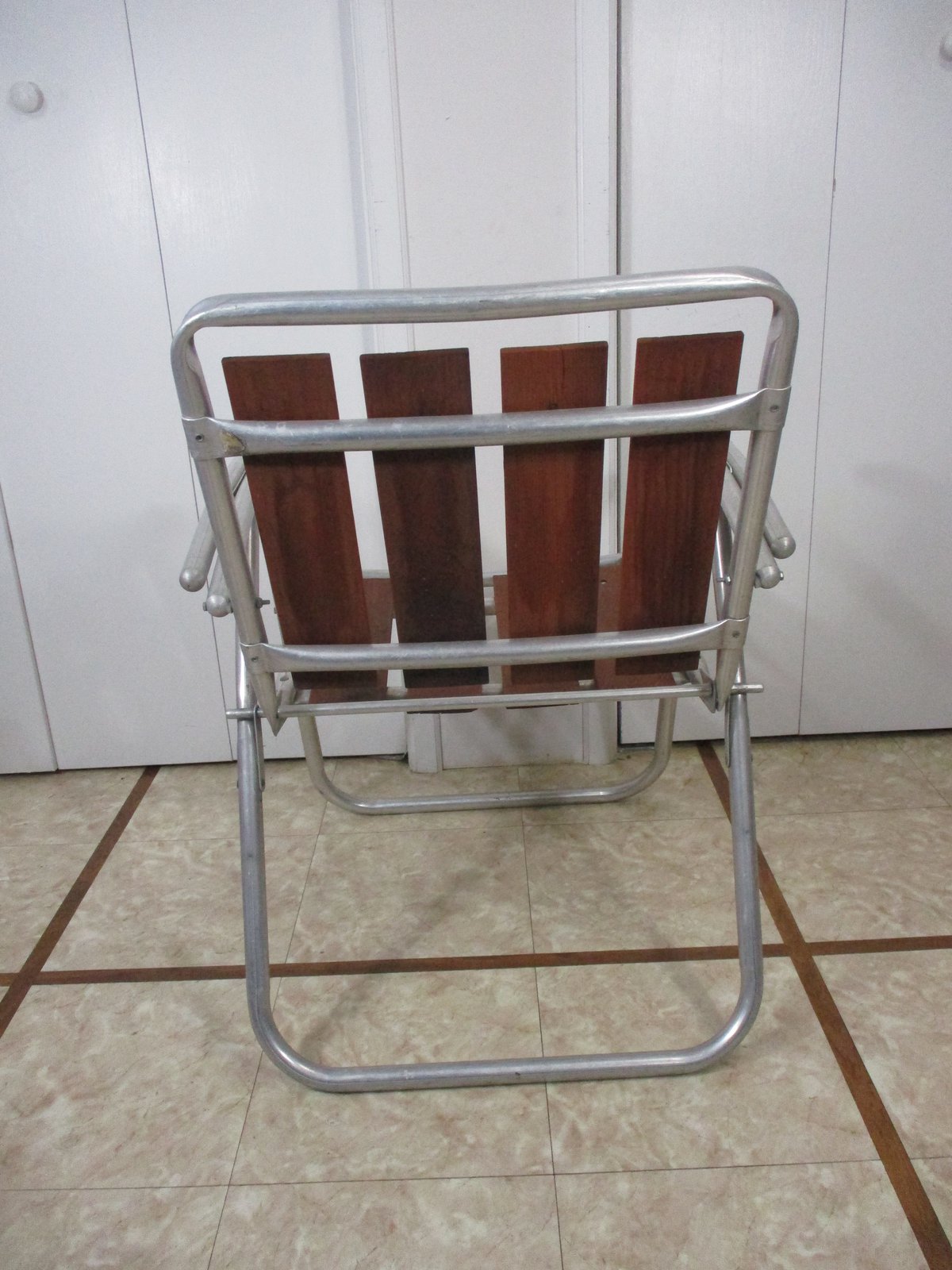 Vintage Aluminum Red Wood Slat Folding Lawn Chair with