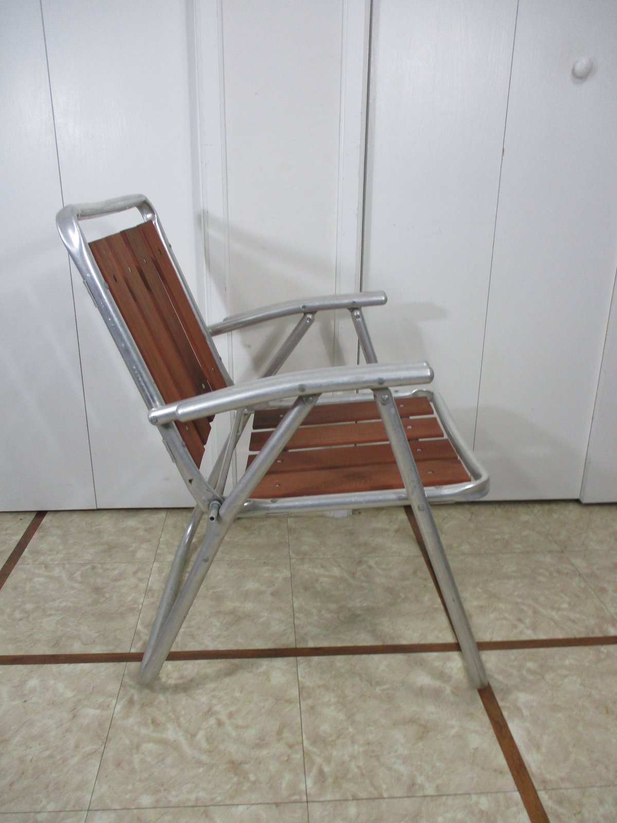 Vintage Aluminum Red Wood Slat Folding Lawn Chair with