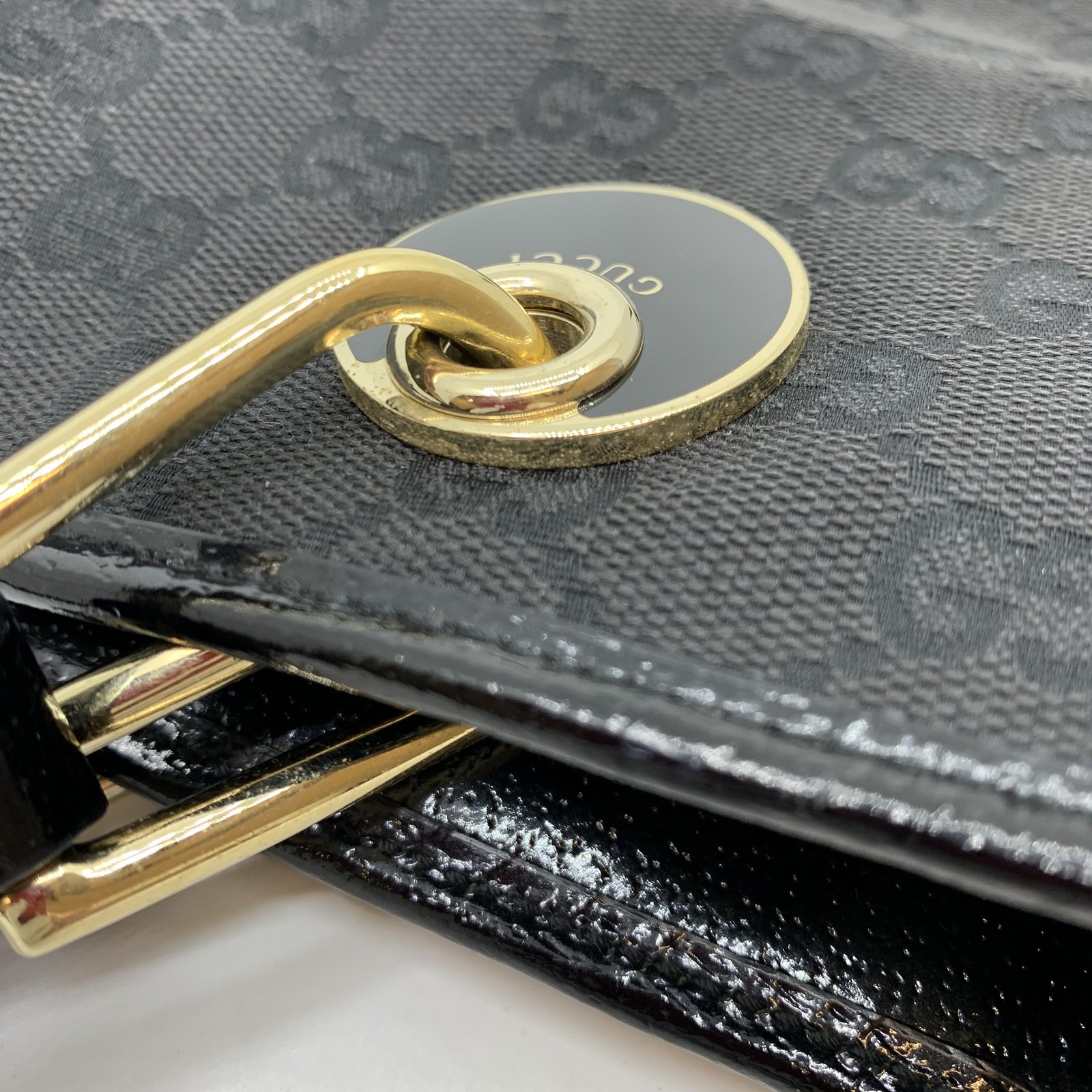 Authentic GUCCI Eclipse Gold Hardware Hand Bag Black Canvas