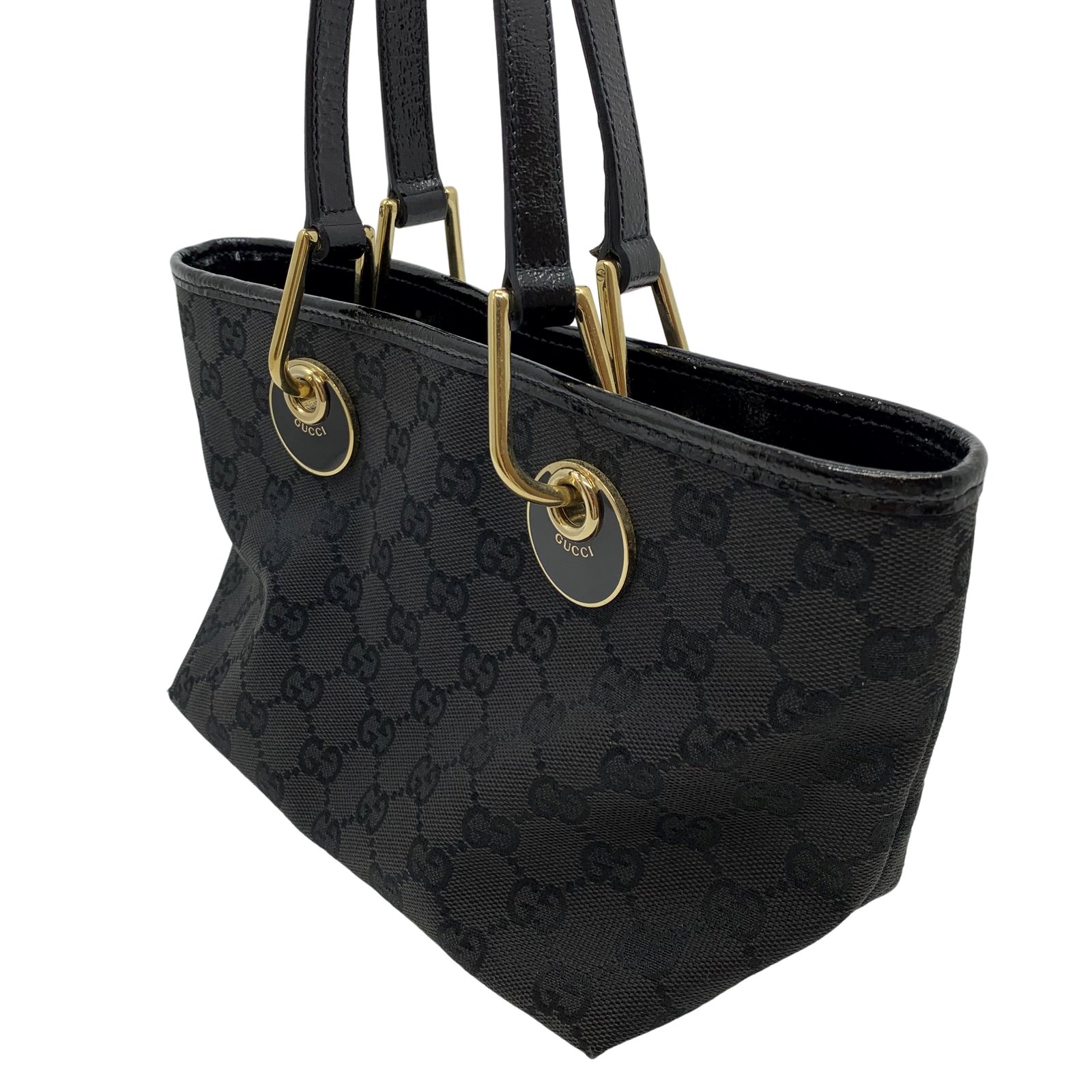 Authentic GUCCI Eclipse Gold Hardware Hand Bag Black Canvas Authentic GUCCI Eclipse Gold Hardware Hand Bag Black Canvas