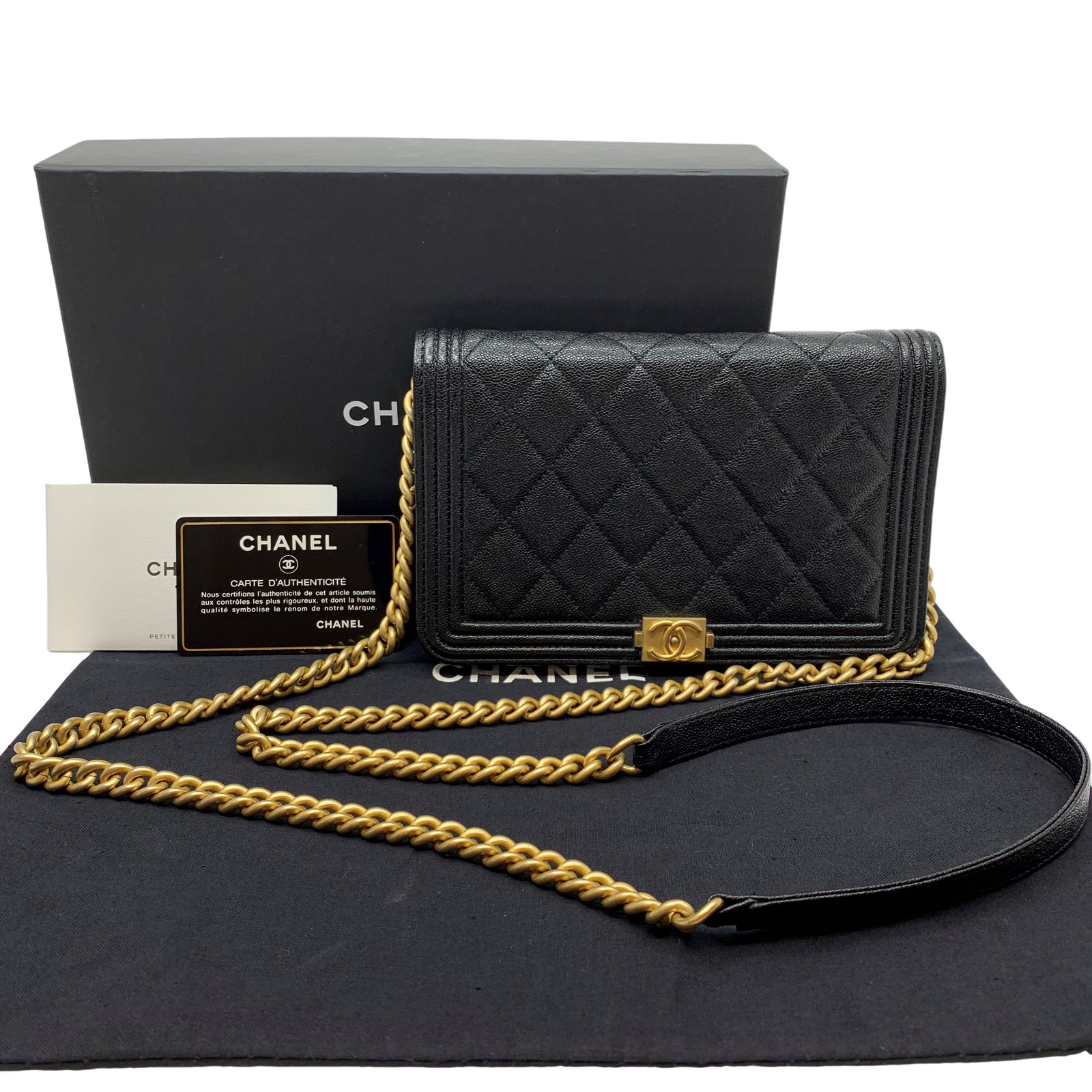 Authentic CHANEL Boy Chanel Chain Wallet Caviar Black