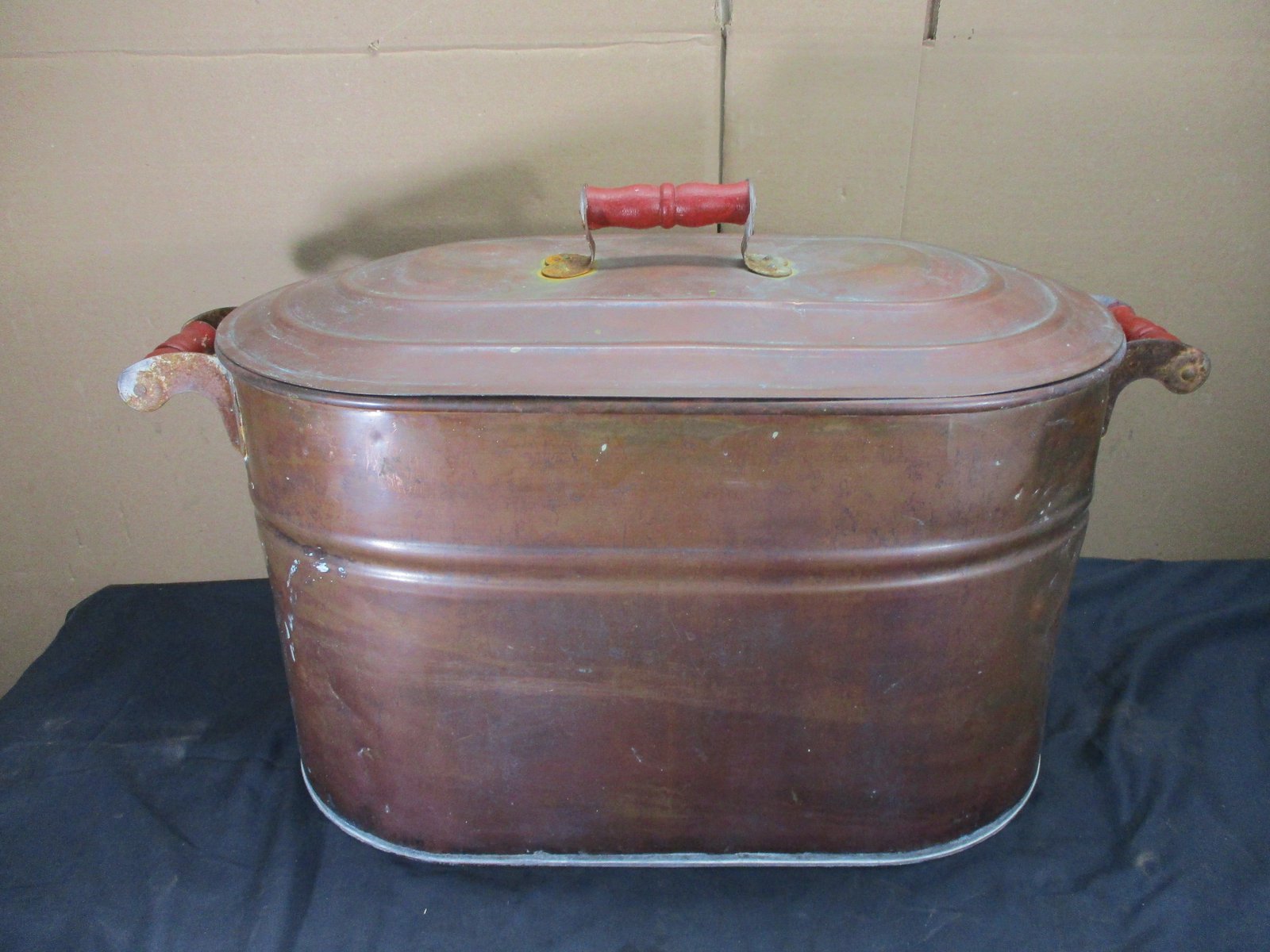 Antique Vtg Primitive Copper Wash Tub Boiler Cooker Red Wood