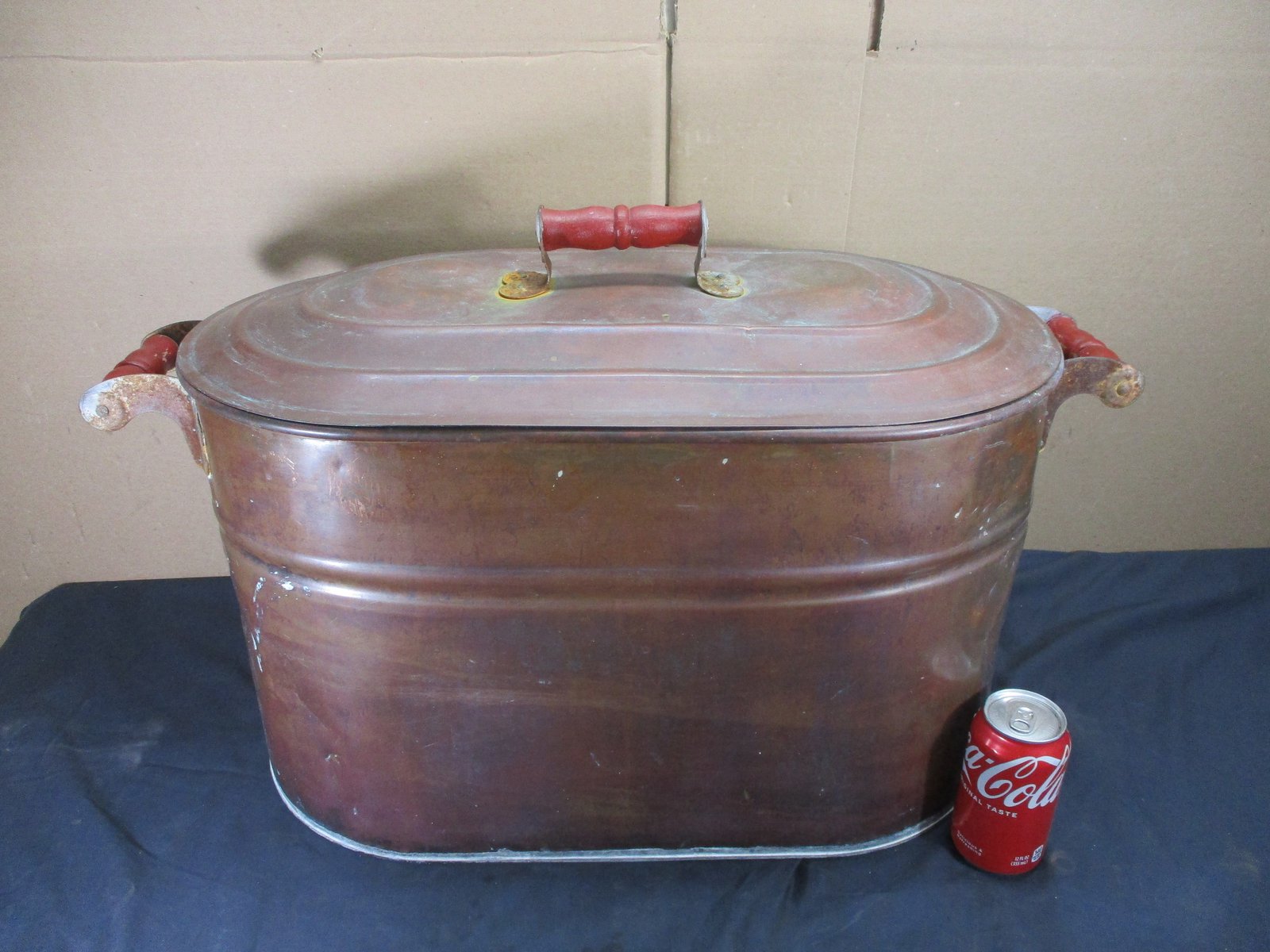 Antique Vtg Primitive Copper Wash Tub Boiler Cooker Red Wood