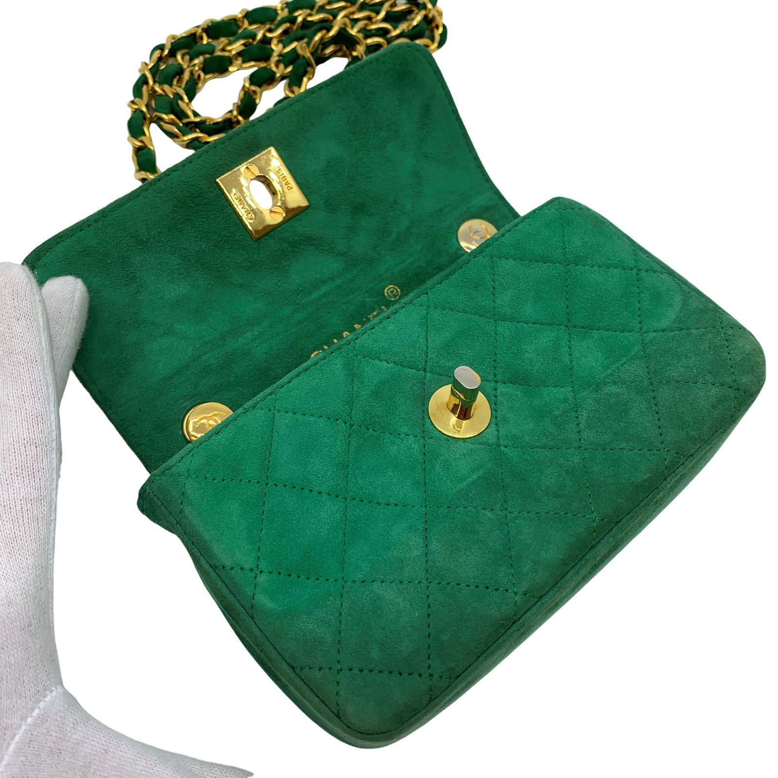 Authentic CHANEL Mini Matelasse Chain Shoulder Bag Suede