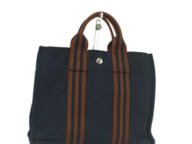 HERMES Paris Fourre Tout MM Navy Blue Cotton Canvas Tote Hand Bag Purse France