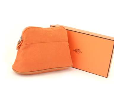 HERMÈS Canvas Orange Small Bolide Pouch Accessories Used Purse France with Box