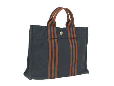 HERMES Paris Fourre Tout MM Navy Brown Cotton Canvas Tote Hand Bag Purse France