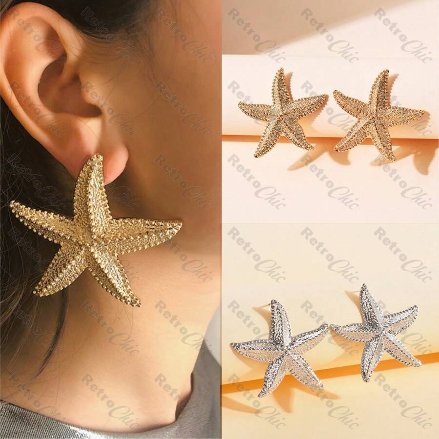WOWORAMA Orecchini A Perno In Oro Con Conchiglia E Stella Marina – Vintage Boho Chic – Gioielli Fashion Ispirati Al Mare – Ottone Placcato 18k