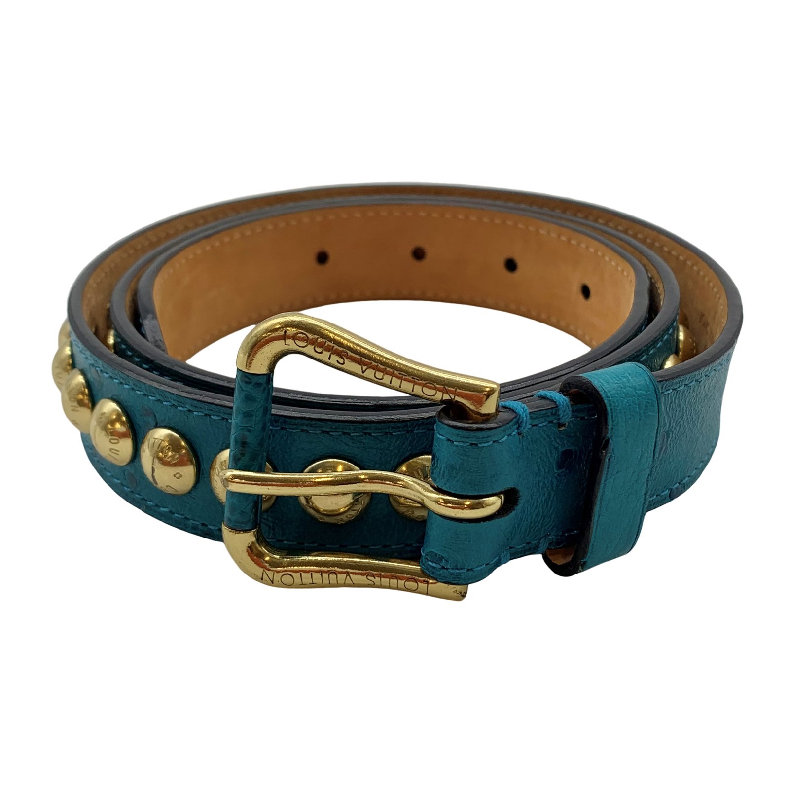 Authentic LOUIS VUITTON Ostrich Studs Belt Light Blue