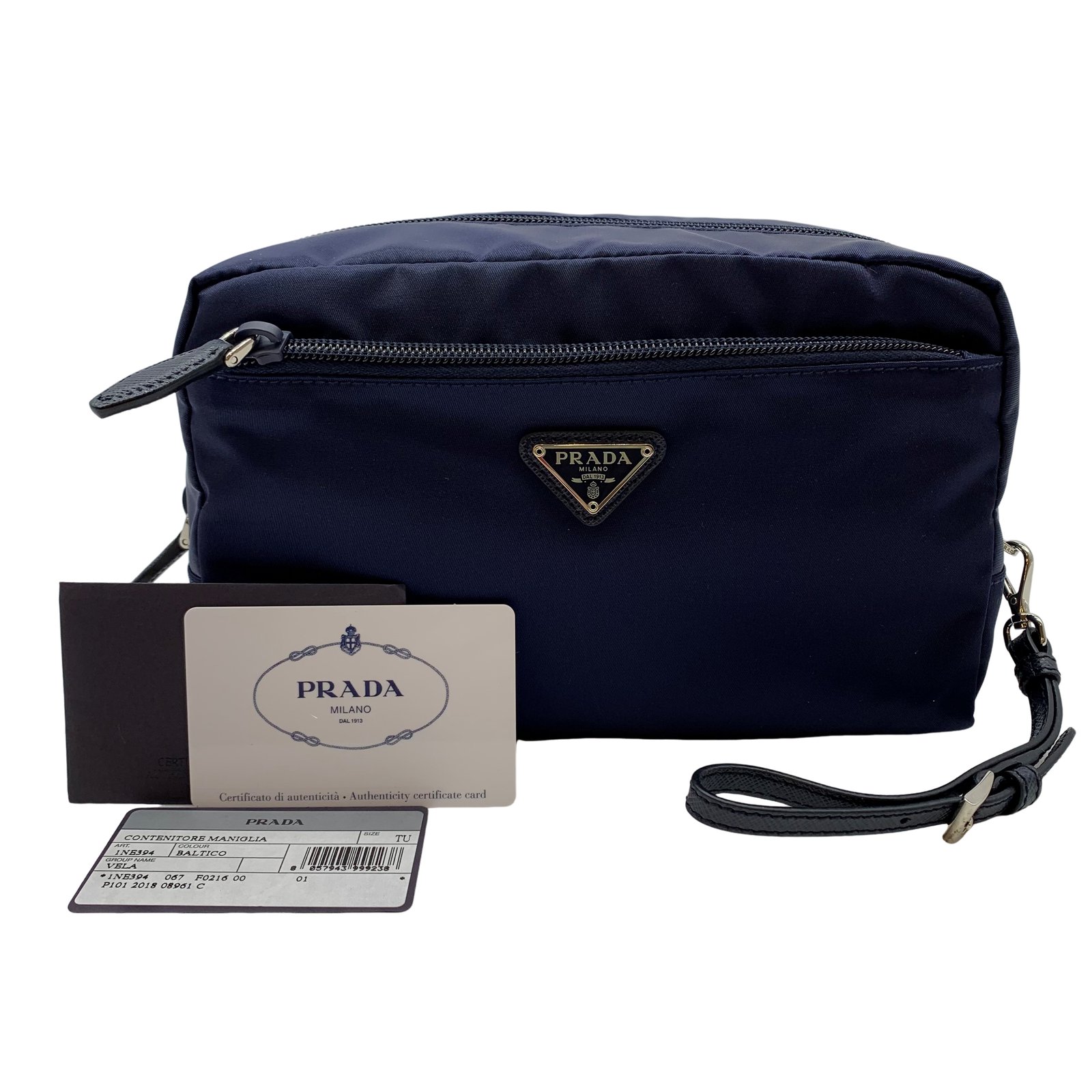Authentic PRADA Vela Tessuto Cosmetic Bag 1NE394 Blue Nylon