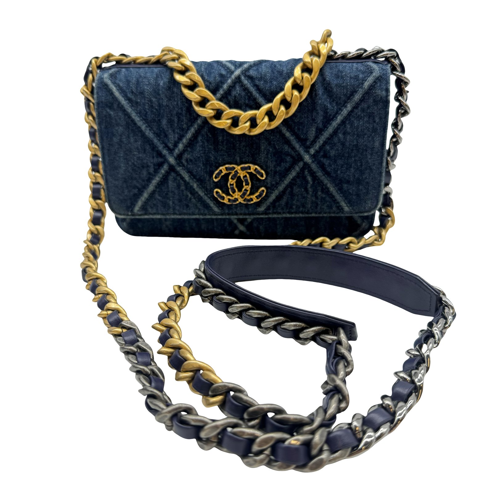 Authentic CHANEL Chanel 19 Chain Wallet Shoulder Bag Blue Denim