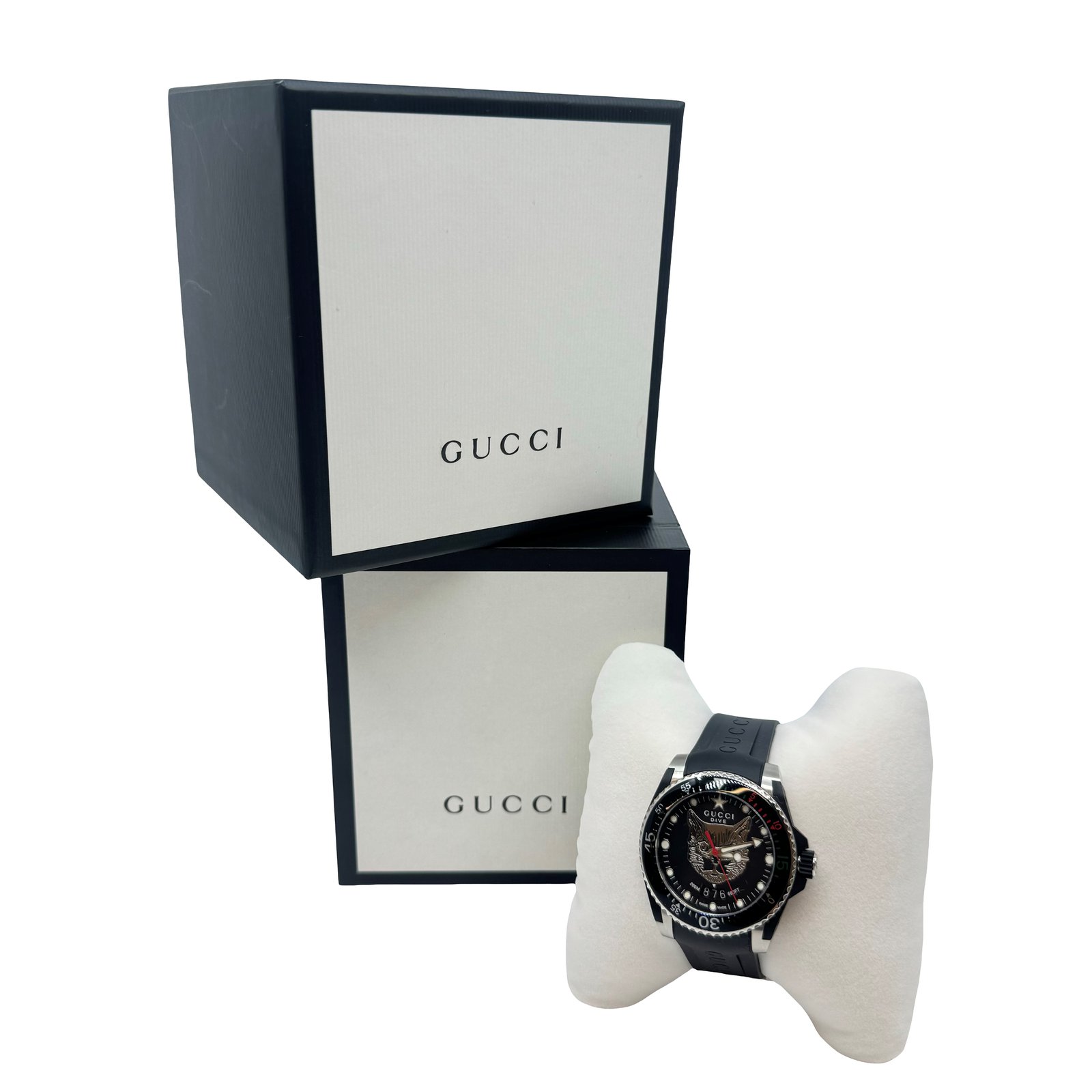 Authentic GUCCI Dive Cat Head Wrist Watch Black Rubber #36634368