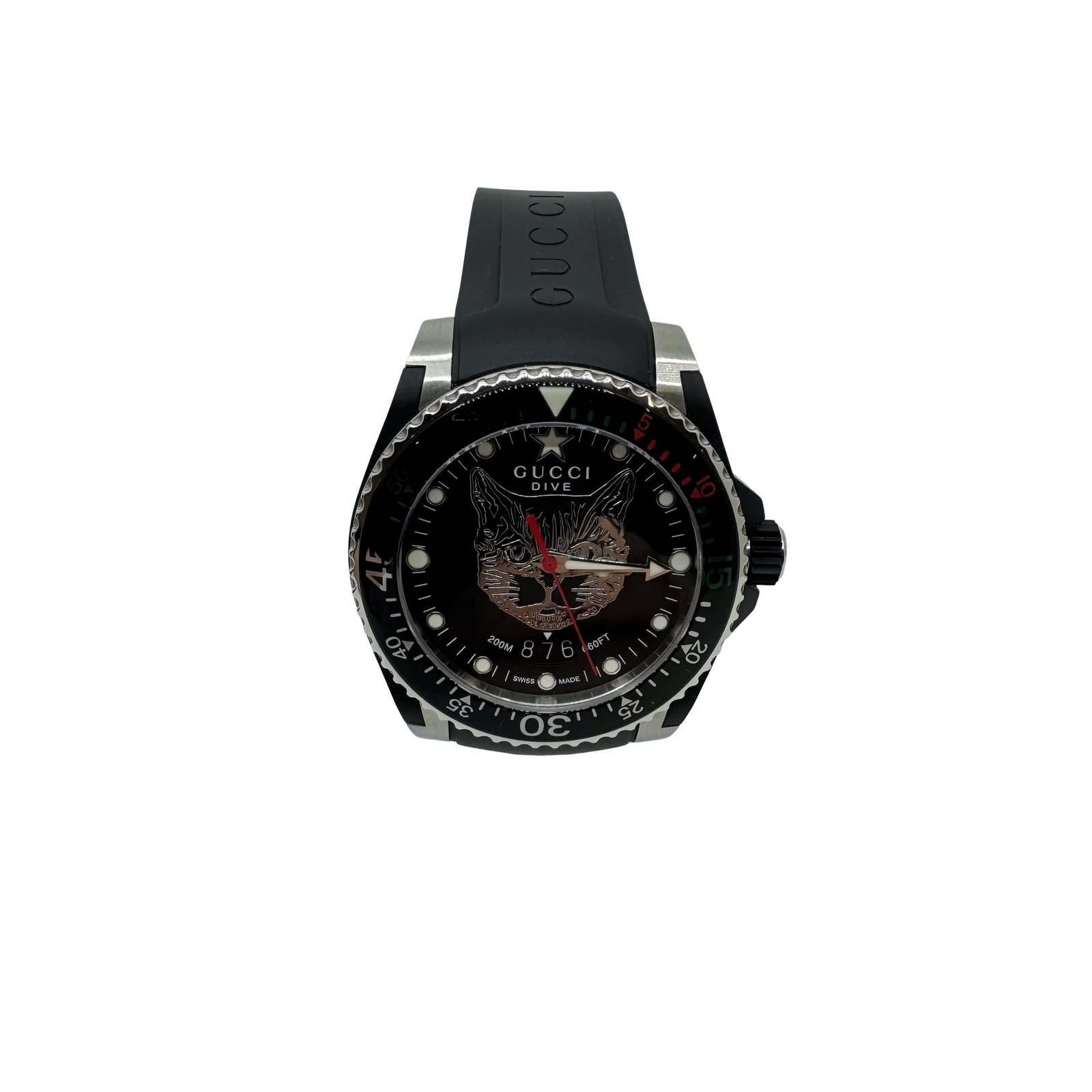 Authentic GUCCI Dive Cat Head Wrist Watch Black Rubber #36634368
