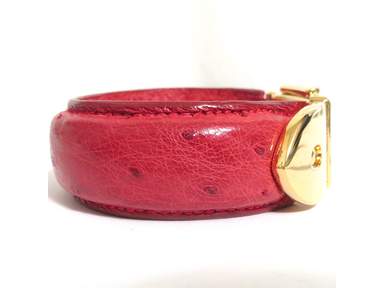 Auth GUCCI Goldtone Belt Motif Red Leather Bangle Bracelet Vintage 