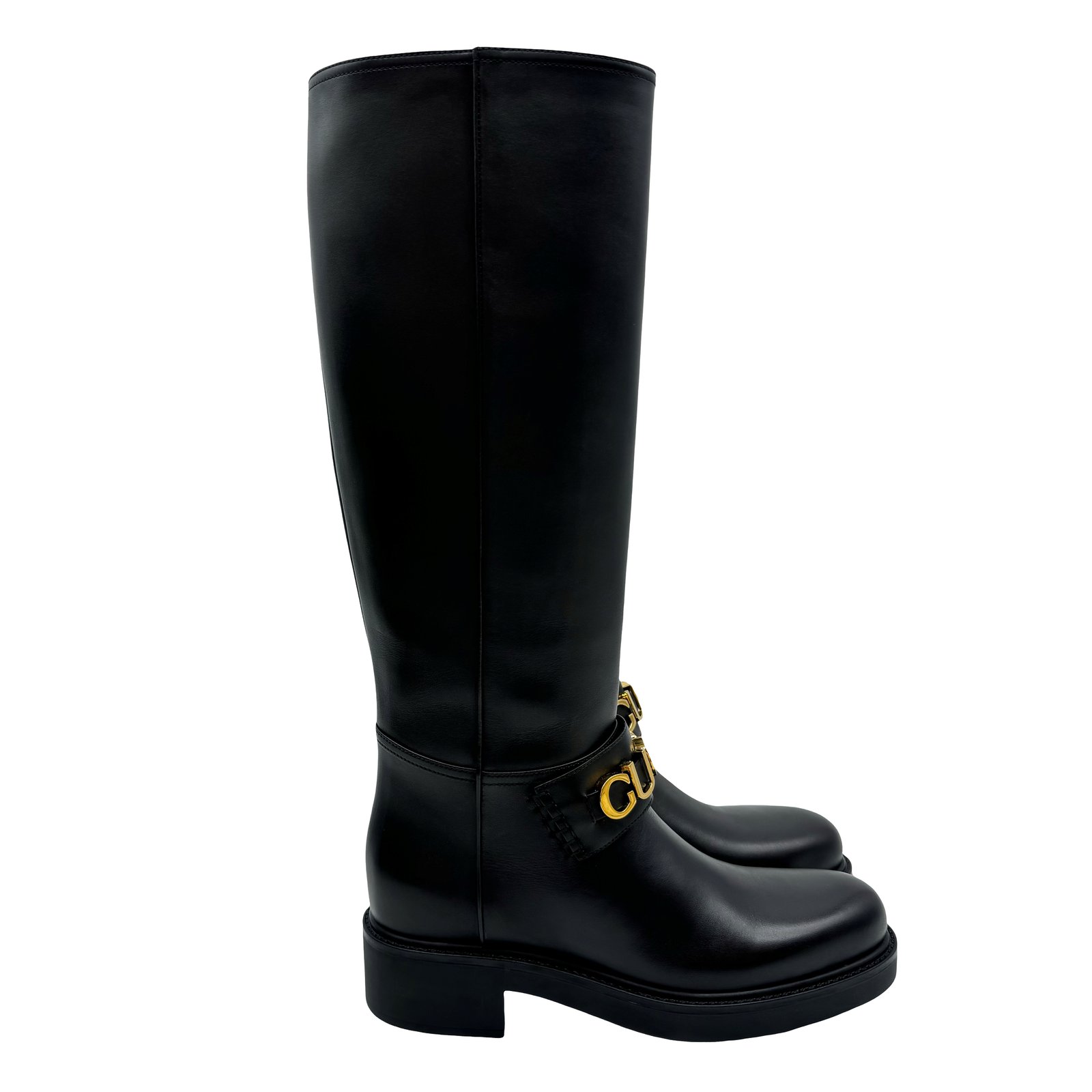 Auth GUCCI Logo Unused Long Leather Boots Size:37 US:7 752517