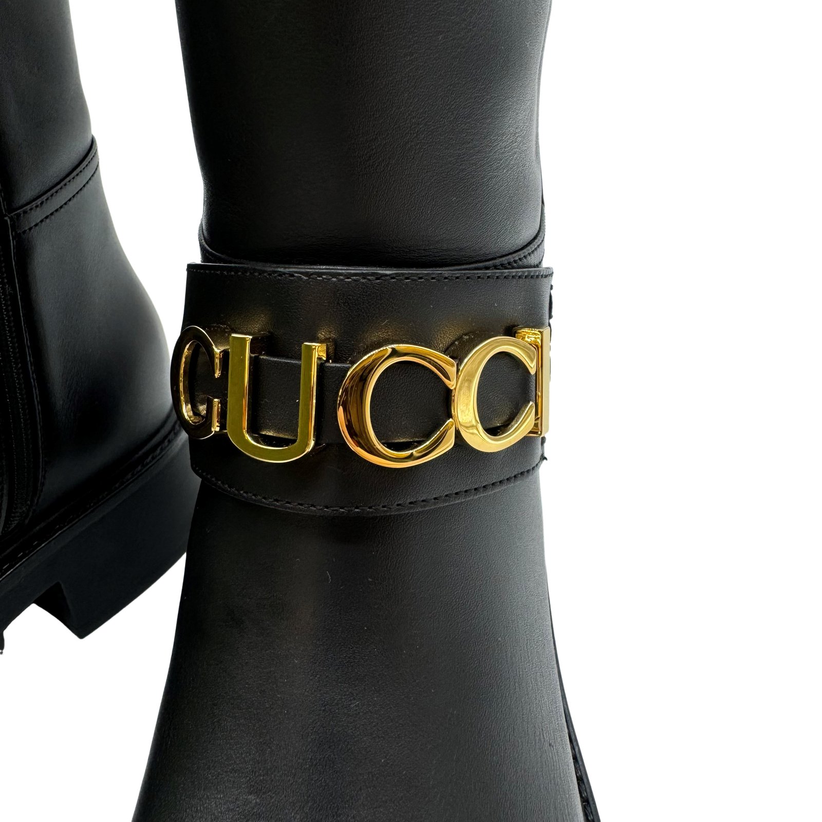 Auth GUCCI Logo Unused Long Leather Boots Size:37 US:7 752517