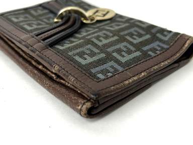 FENDI Zucca Blue Brown Canvas Leather Bifold Long Wallet Purse