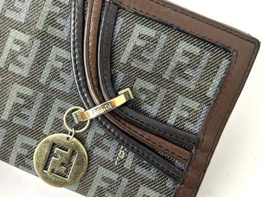 FENDI Zucca Blue Brown Canvas Leather Bifold Long Wallet Purse