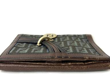 FENDI Zucca Blue Brown Canvas Leather Bifold Long Wallet Purse
