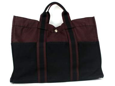 HERMÈS Paris Fourre Tout Burgundy Black Cotton Canvas Tote Hand Bag France Used