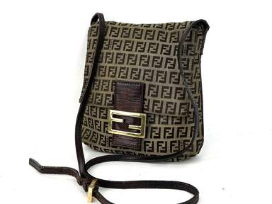 FENDI Zucca Brown Nylon Leather Shoulder Bag Purse Accessories