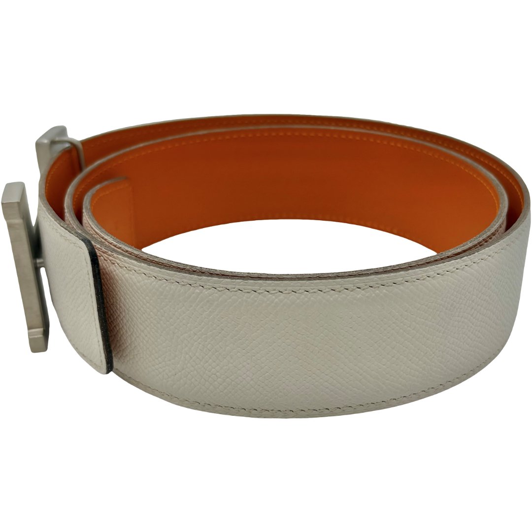 Authentic HERMES Constance H Belt 85 White Orange Square In  display picture 3