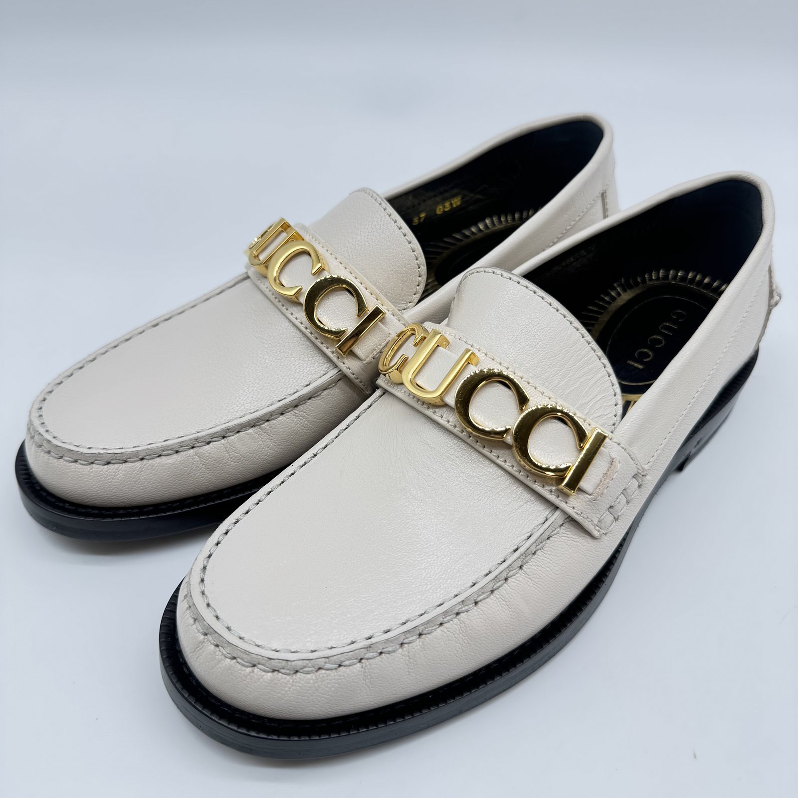 Authentic GUCCI Size:37 US:7 Logo Loafers 700036 White
